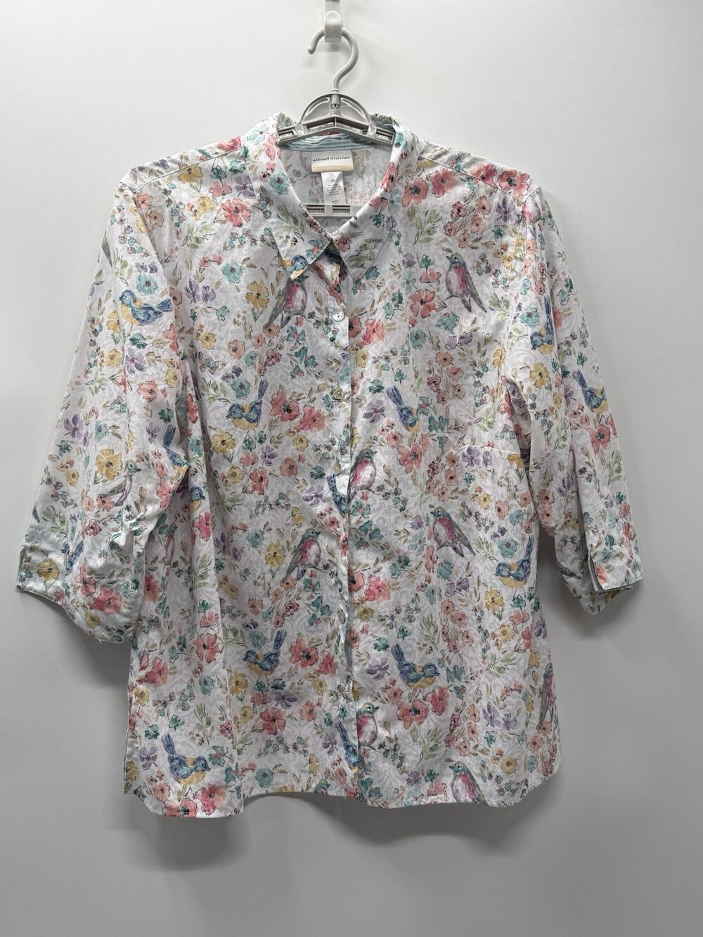 Alfred Dunner 3X Bird Floral Button Front Shirt 3/4 Sleeve Plus Sz Cotton Blend